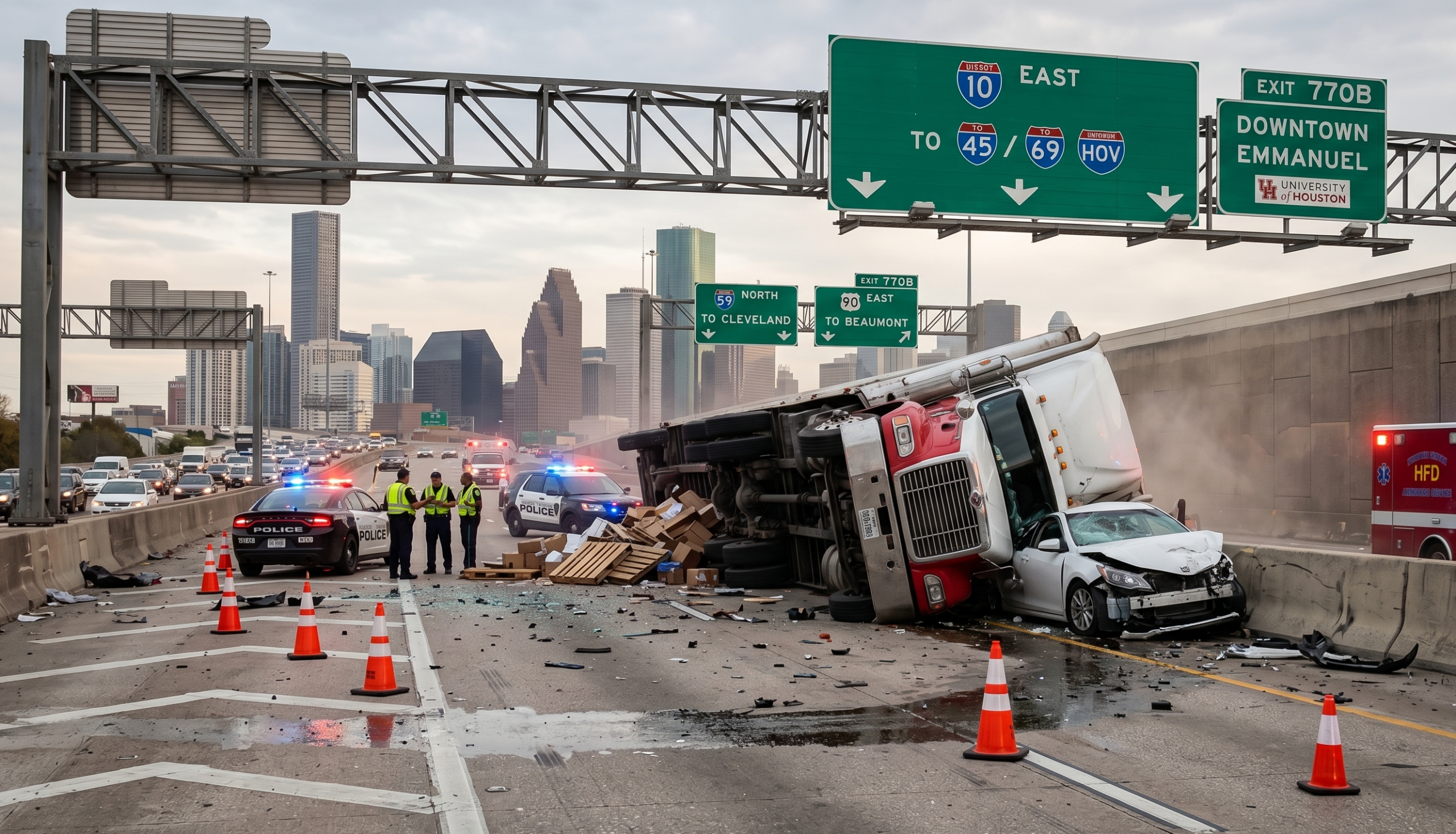 Overturned 18-wheeler on Houston highway; Greenberg Streich truck accident lawyer guide for injured victims in Texas