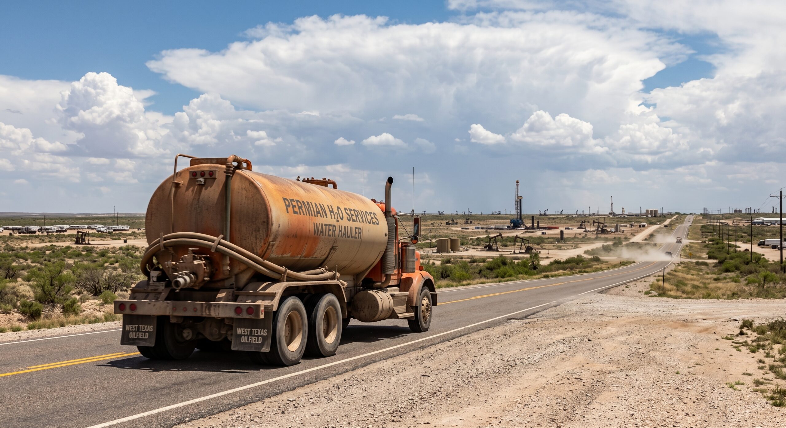 Oilfield water hauler truck driving on a two-lane West Texas highway in the Permian Basin