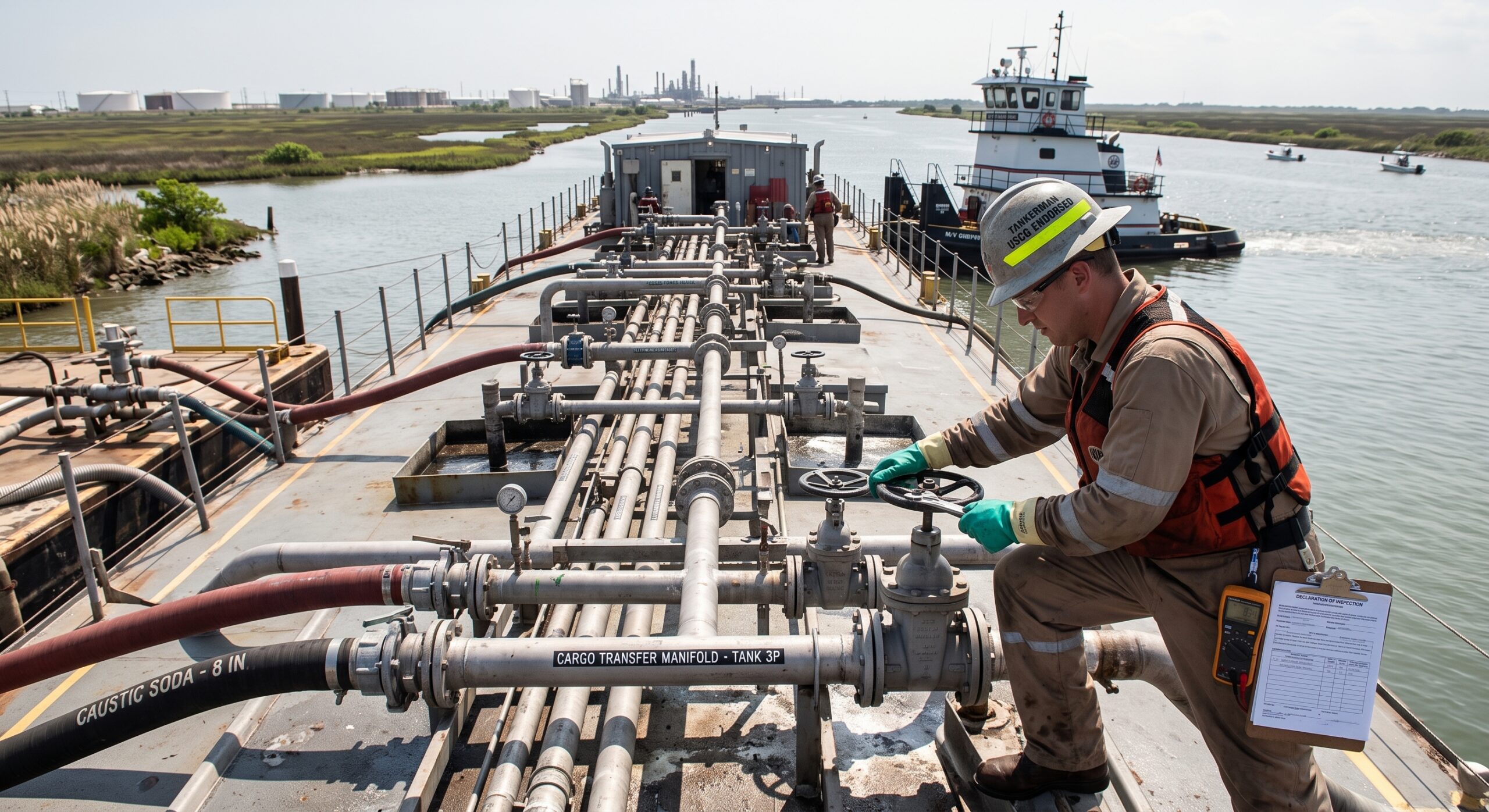 tankerman working on a barge in the gulf intracoastal waterway