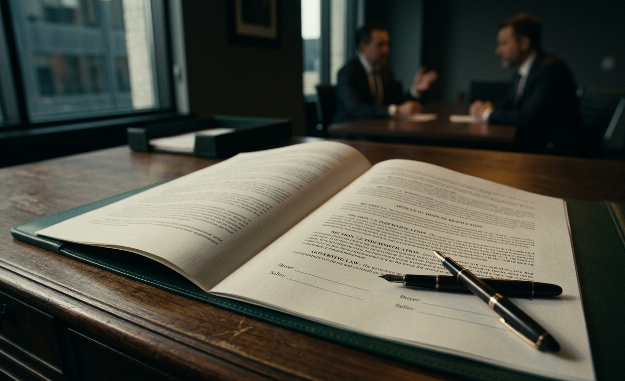 Contract document with signature lines and legal text on a dark desk, representing contractual indemnity disputes in Texas personal injury litigation